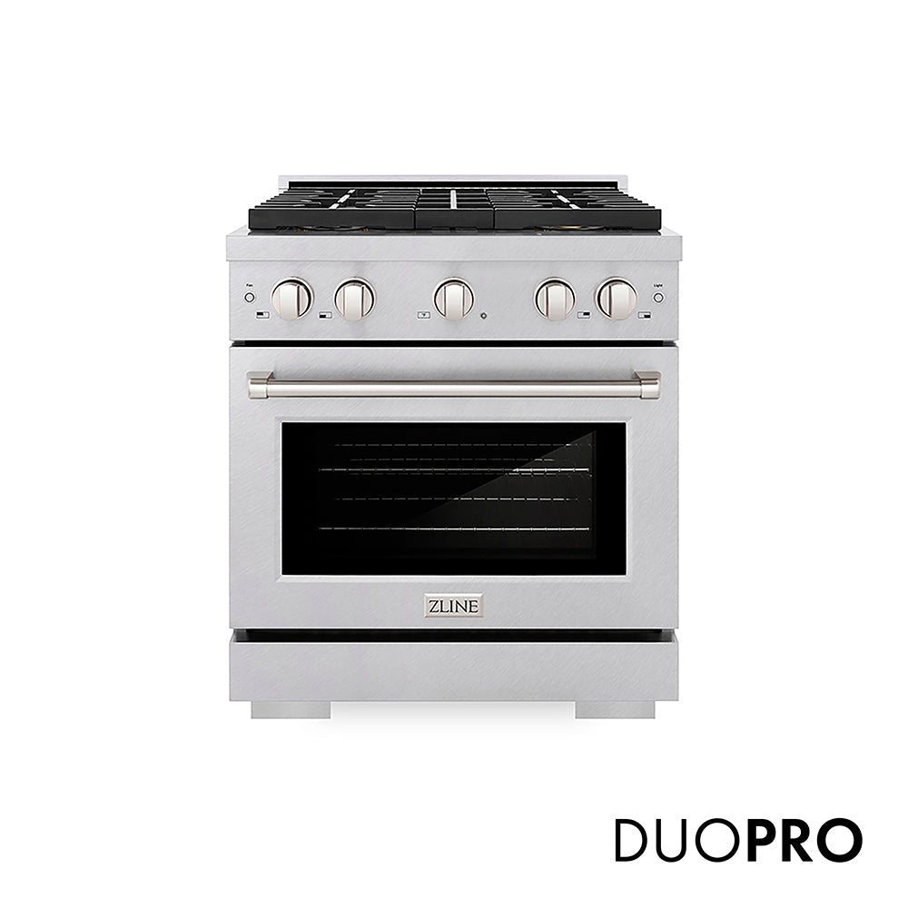 ZLINE 30 in. 4.2 cu. ft. Paramount Gas Range with 4 Burner DuoProâ„¢ Cooktop and Convection Gas Oven in Satin Stainless Steel (PSGRS-30)