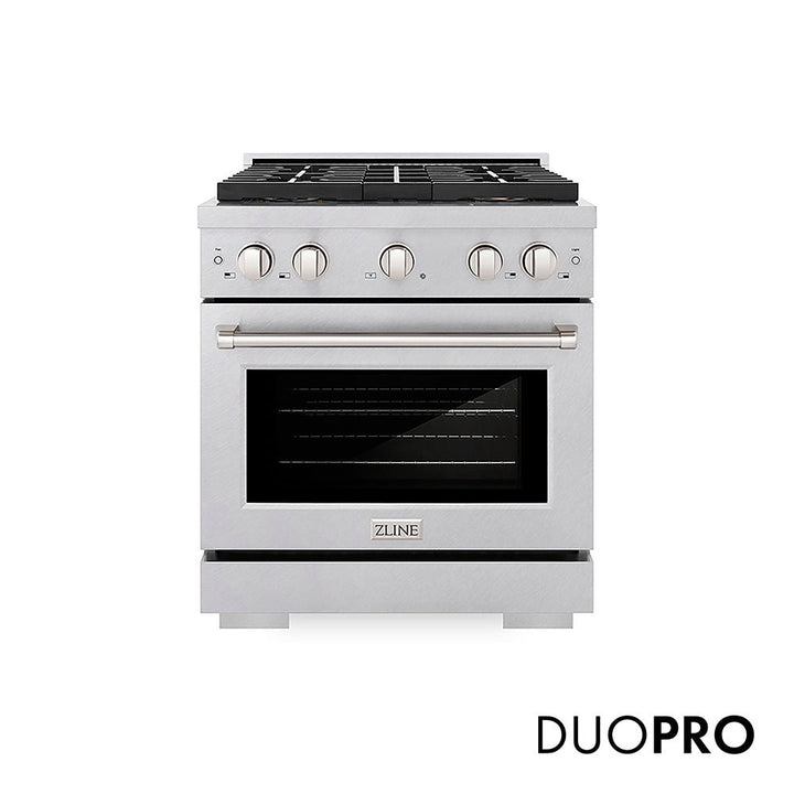 ZLINE 30 in. 4.2 cu. ft. Paramount Gas Range with 4 Burner DuoProâ„¢ Cooktop and Convection Gas Oven in Satin Stainless Steel (PSGRS-30)