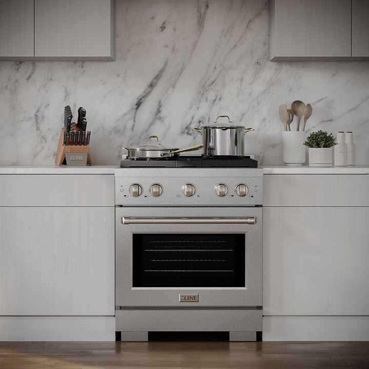ZLINE 30 in. 4.2 cu. ft. Paramount Gas Range with 4 Burner DuoProâ„¢ Cooktop and Convection Gas Oven in Satin Stainless Steel (PSGRS-30)