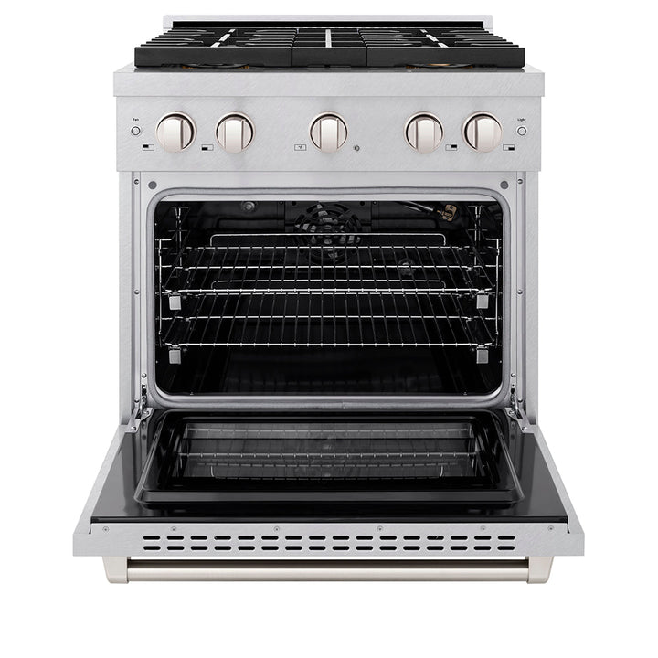 ZLINE 30 in. 4.2 cu. ft. Paramount Gas Range with 4 Burner DuoProâ„¢ Cooktop and Convection Gas Oven in Satin Stainless Steel (PSGRS-30)