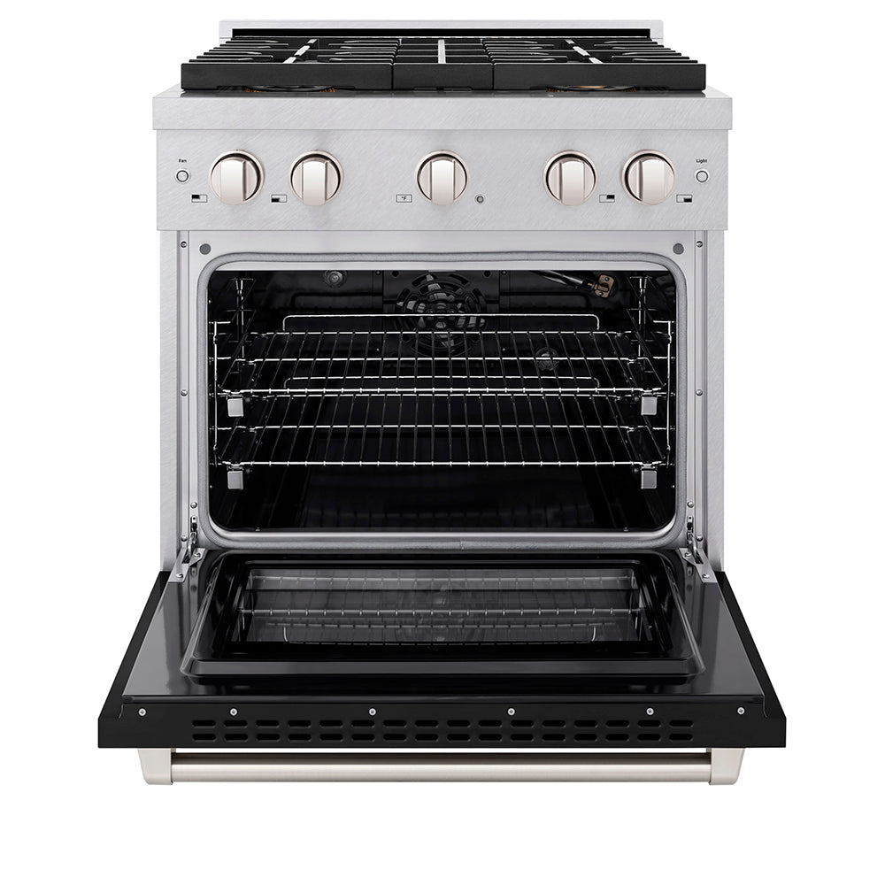 ZLINE 30 in. 4.2 cu. ft. Paramount Gas Range with 4 Burner DuoProâ„¢ Cooktop and Convection Gas Oven in Satin Stainless Steel with Black Matte Door (PSGRS-BLM-30)