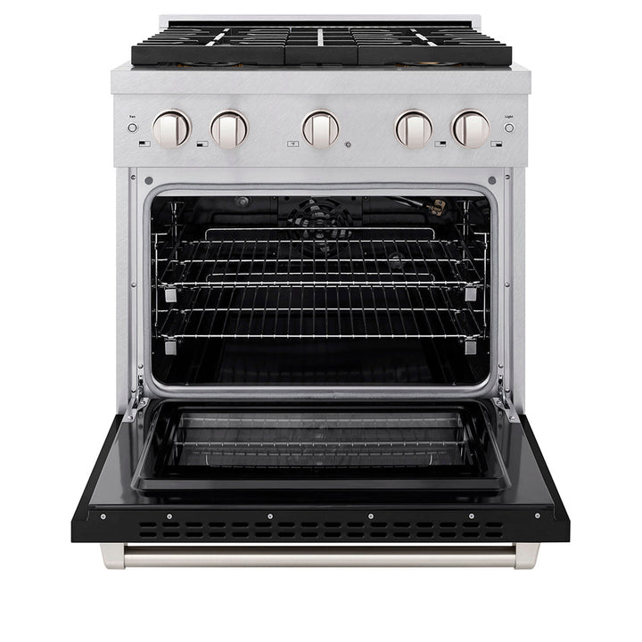 ZLINE 30 in. 4.2 cu. ft. Paramount Gas Range with 4 Burner DuoProâ„¢ Cooktop and Convection Gas Oven in Satin Stainless Steel with Black Matte Door (PSGRS-BLM-30)
