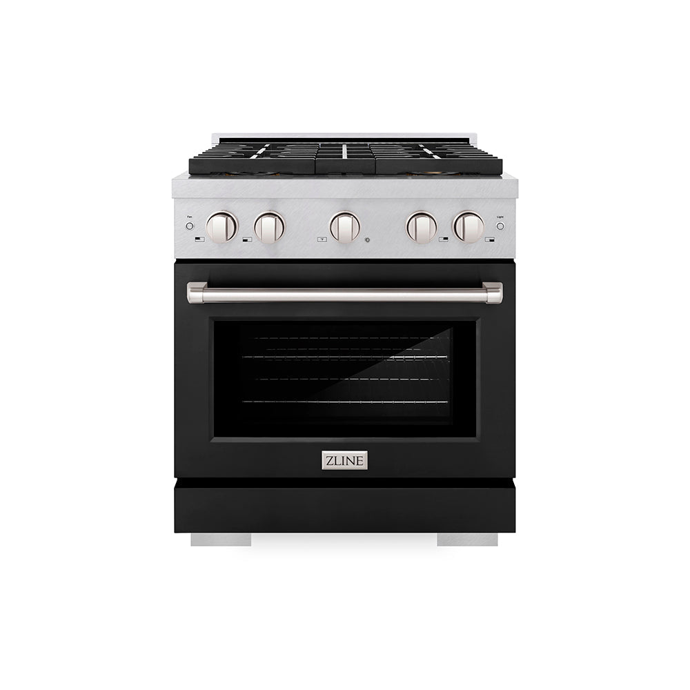 ZLINE 30 in. 4.2 cu. ft. Paramount Gas Range with 4 Burner DuoProâ„¢ Cooktop and Convection Gas Oven in Satin Stainless Steel with Black Matte Door (PSGRS-BLM-30)