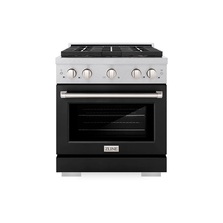 ZLINE 30 in. 4.2 cu. ft. Paramount Gas Range with 4 Burner DuoProâ„¢ Cooktop and Convection Gas Oven in Satin Stainless Steel with Black Matte Door (PSGRS-BLM-30)