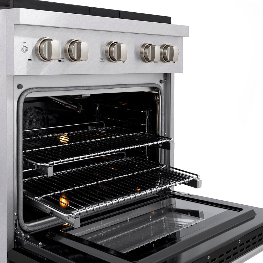 ZLINE 30 in. 4.2 cu. ft. Paramount Gas Range with 4 Burner DuoProâ„¢ Cooktop and Convection Gas Oven in Satin Stainless Steel with Black Matte Door (PSGRS-BLM-30)