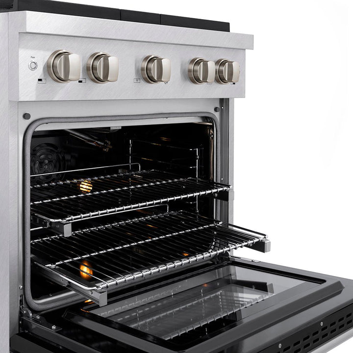 ZLINE 30 in. 4.2 cu. ft. Paramount Gas Range with 4 Burner DuoProâ„¢ Cooktop and Convection Gas Oven in Satin Stainless Steel with Black Matte Door (PSGRS-BLM-30)