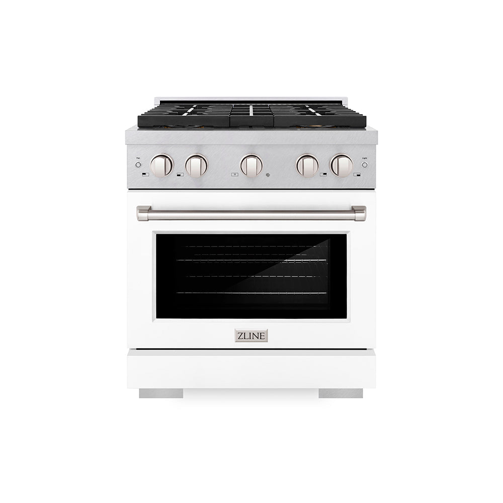 ZLINE 30 in. 4.2 cu. ft. Paramount Gas Range with 4 Burner DuoProâ„¢ Cooktop and Convection Gas Oven in Satin Stainless Steel with White Matte Door (PSGRS-WM-30)