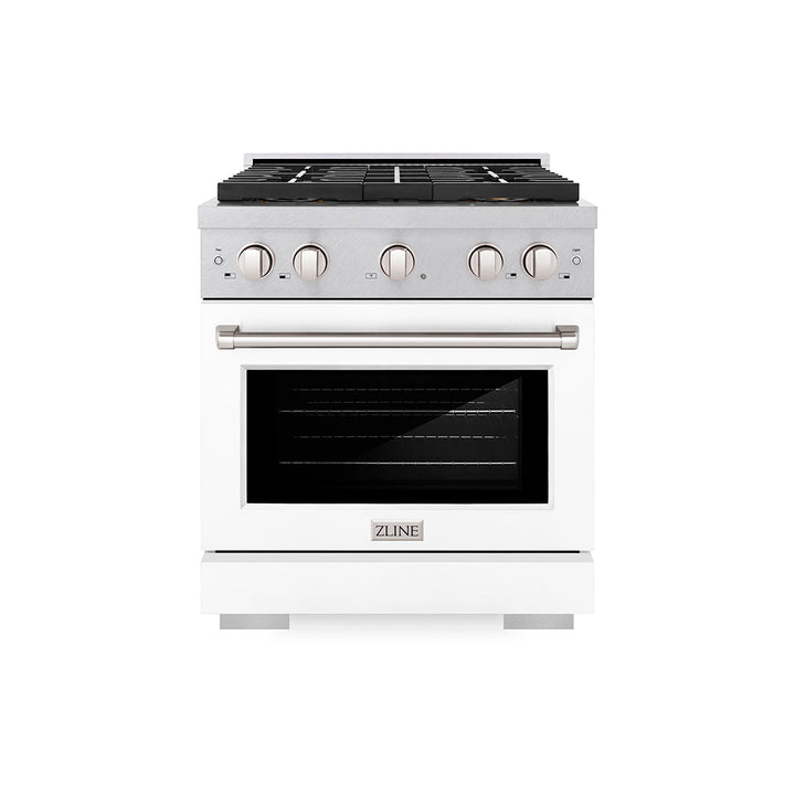 ZLINE 30 in. 4.2 cu. ft. Paramount Gas Range with 4 Burner DuoProâ„¢ Cooktop and Convection Gas Oven in Satin Stainless Steel with White Matte Door (PSGRS-WM-30)