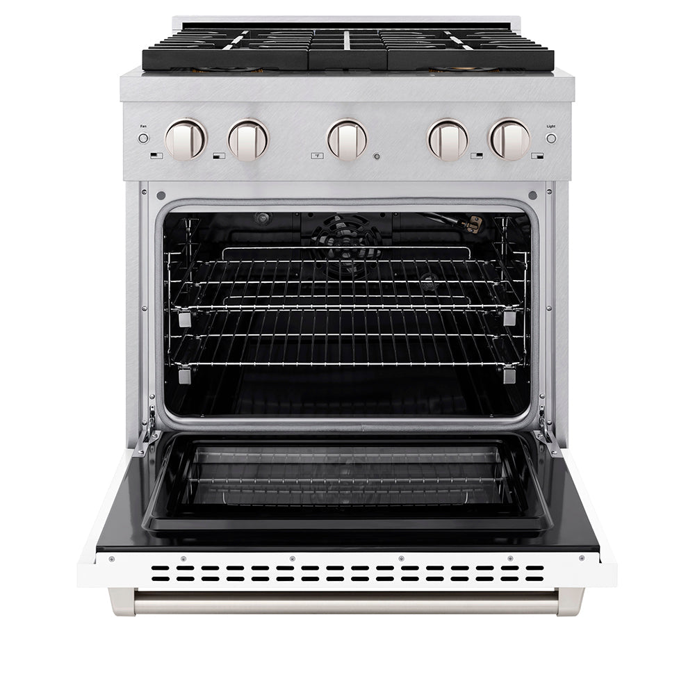 ZLINE 30 in. 4.2 cu. ft. Paramount Gas Range with 4 Burner DuoProâ„¢ Cooktop and Convection Gas Oven in Satin Stainless Steel with White Matte Door (PSGRS-WM-30)