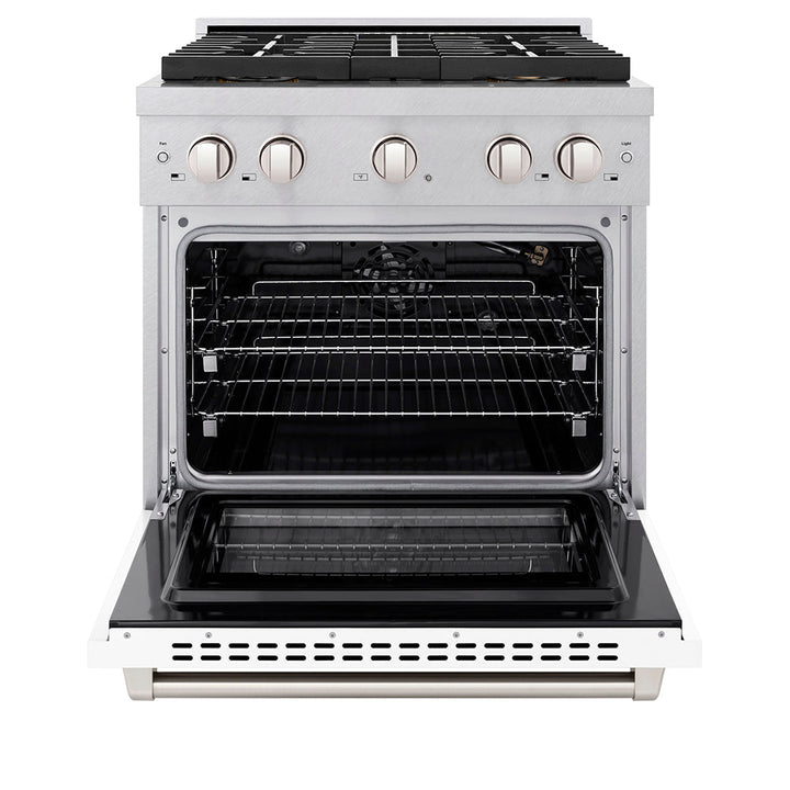 ZLINE 30 in. 4.2 cu. ft. Paramount Gas Range with 4 Burner DuoProâ„¢ Cooktop and Convection Gas Oven in Satin Stainless Steel with White Matte Door (PSGRS-WM-30)