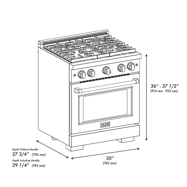 ZLINE 30 in. 4.2 cu. ft. Paramount Gas Range with 4 Burner DuoProâ„¢ Cooktop and Convection Gas Oven with Black Matte Door (PSGR-BLM-30)