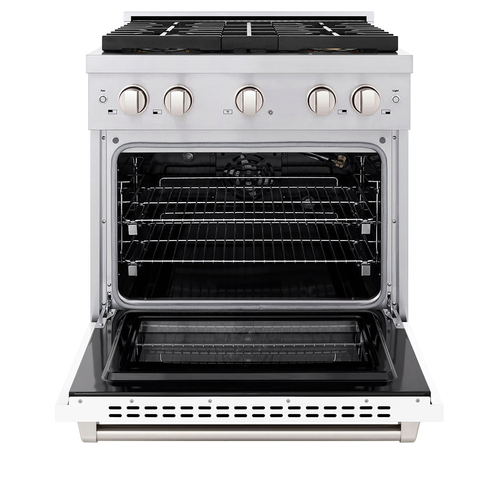 ZLINE 30 in. 4.2 cu. ft. Paramount Gas Range with 4 Burner DuoProâ„¢ Cooktop and Convection Gas Oven with White Matte Door (PSGR-WM-30)