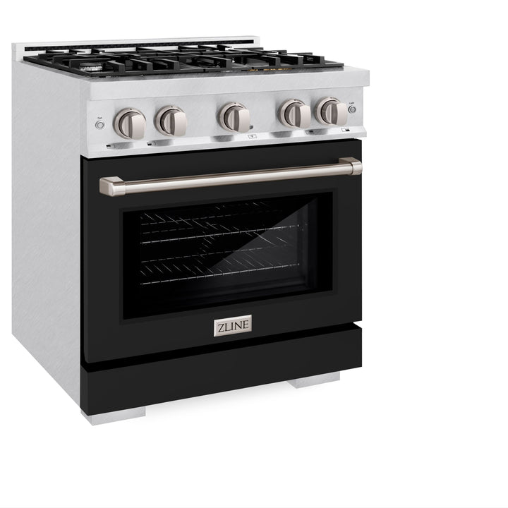 ZLINE 30 in. 4.2 cu. ft. Select Dual Fuel Range with 4 Burner Gas Cooktop and Electric Convection Oven in Satin Stainless Steel with Black Matte Door (HDRS-BLM-30)