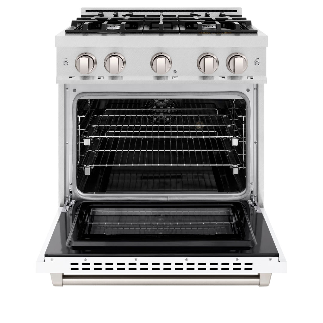 ZLINE 30 in. 4.2 cu. ft. Select Dual Fuel Range with 4 Burner Gas Cooktop and Electric Convection Oven in Satin Stainless Steel with White Matte Door (HDRS-WM-30)