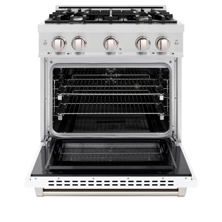 ZLINE 30 in. 4.2 cu. ft. Select Dual Fuel Range with 4 Burner Gas Cooktop and Electric Convection Oven in Satin Stainless Steel with White Matte Door (HDRS-WM-30)