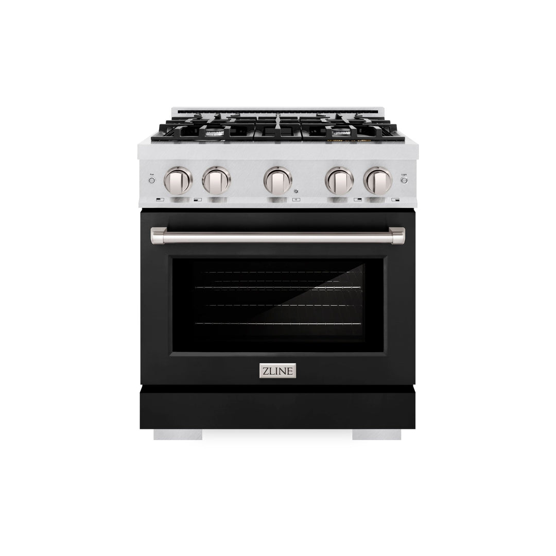 ZLINE 30 in. 4.2 cu. ft. Select Gas Range with 4 Burner Cooktop and Convection Gas Oven in Satin Stainless Steel with Black Matte Door (HGRS-BLM-30)