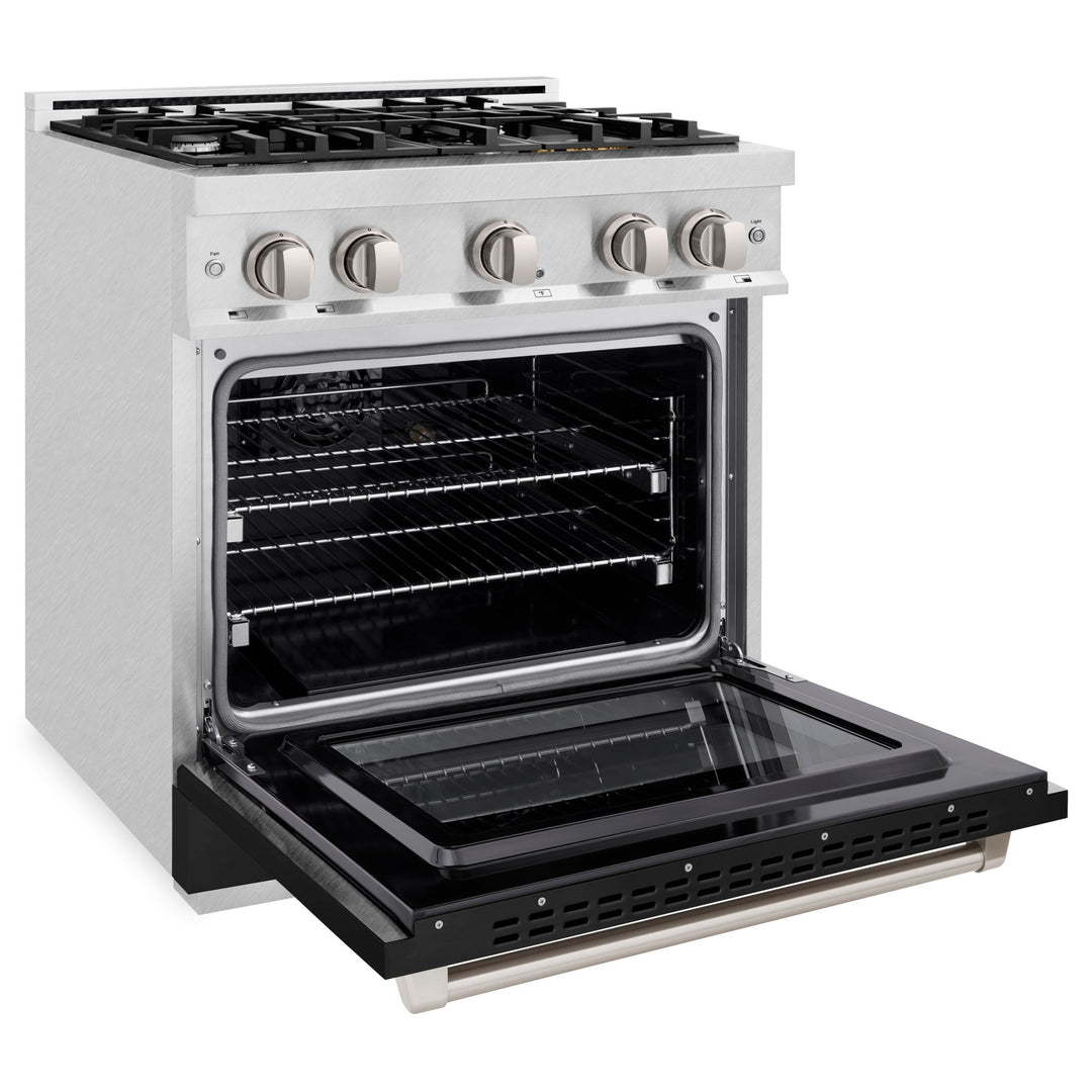 ZLINE 30 in. 4.2 cu. ft. Select Gas Range with 4 Burner Cooktop and Convection Gas Oven in Satin Stainless Steel with Black Matte Door (HGRS-BLM-30)