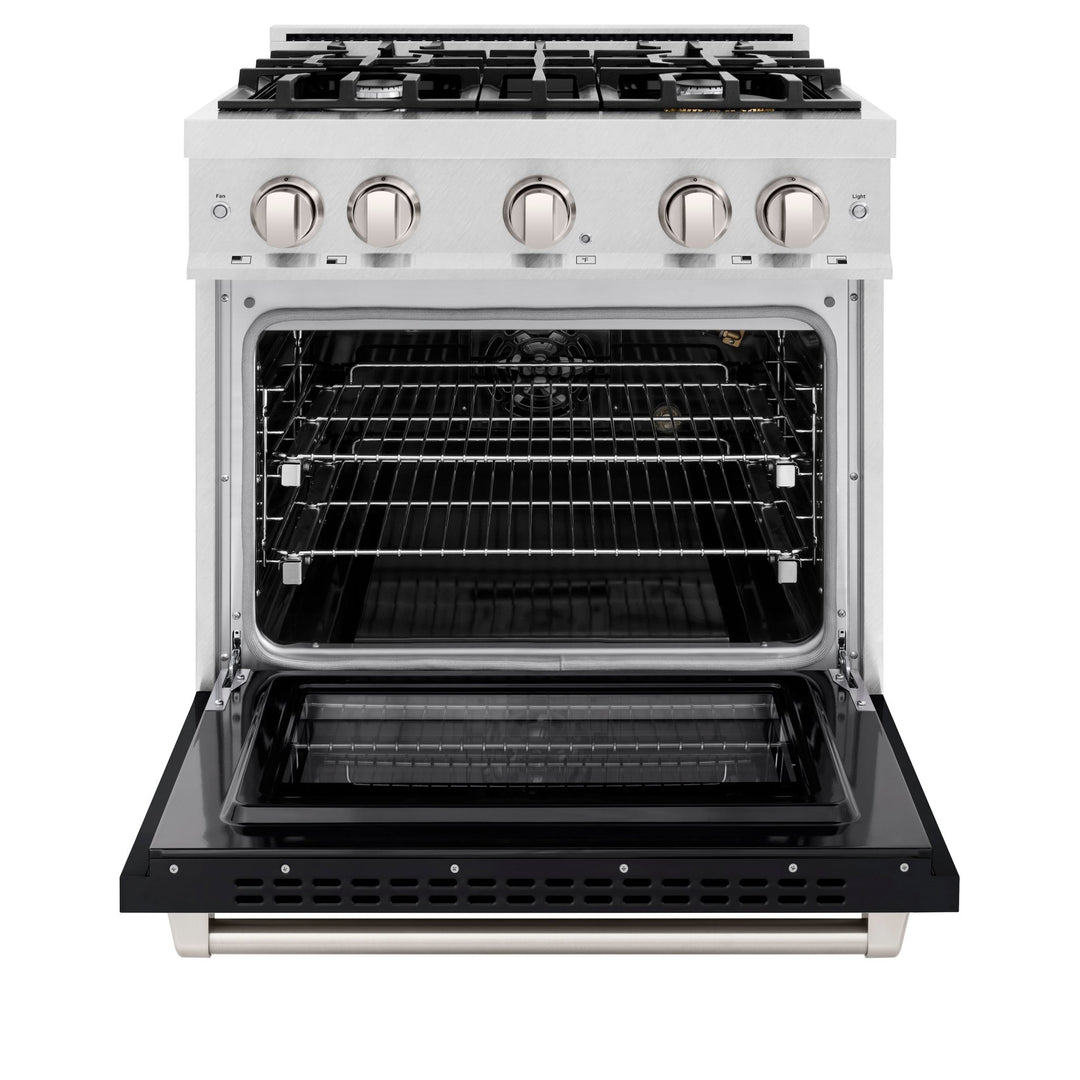 ZLINE 30 in. 4.2 cu. ft. Select Gas Range with 4 Burner Cooktop and Convection Gas Oven in Satin Stainless Steel with Black Matte Door (HGRS-BLM-30)