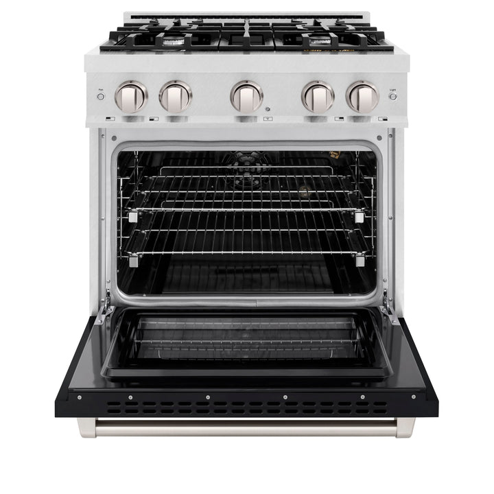 ZLINE 30 in. 4.2 cu. ft. Select Gas Range with 4 Burner Cooktop and Convection Gas Oven in Satin Stainless Steel with Black Matte Door (HGRS-BLM-30)