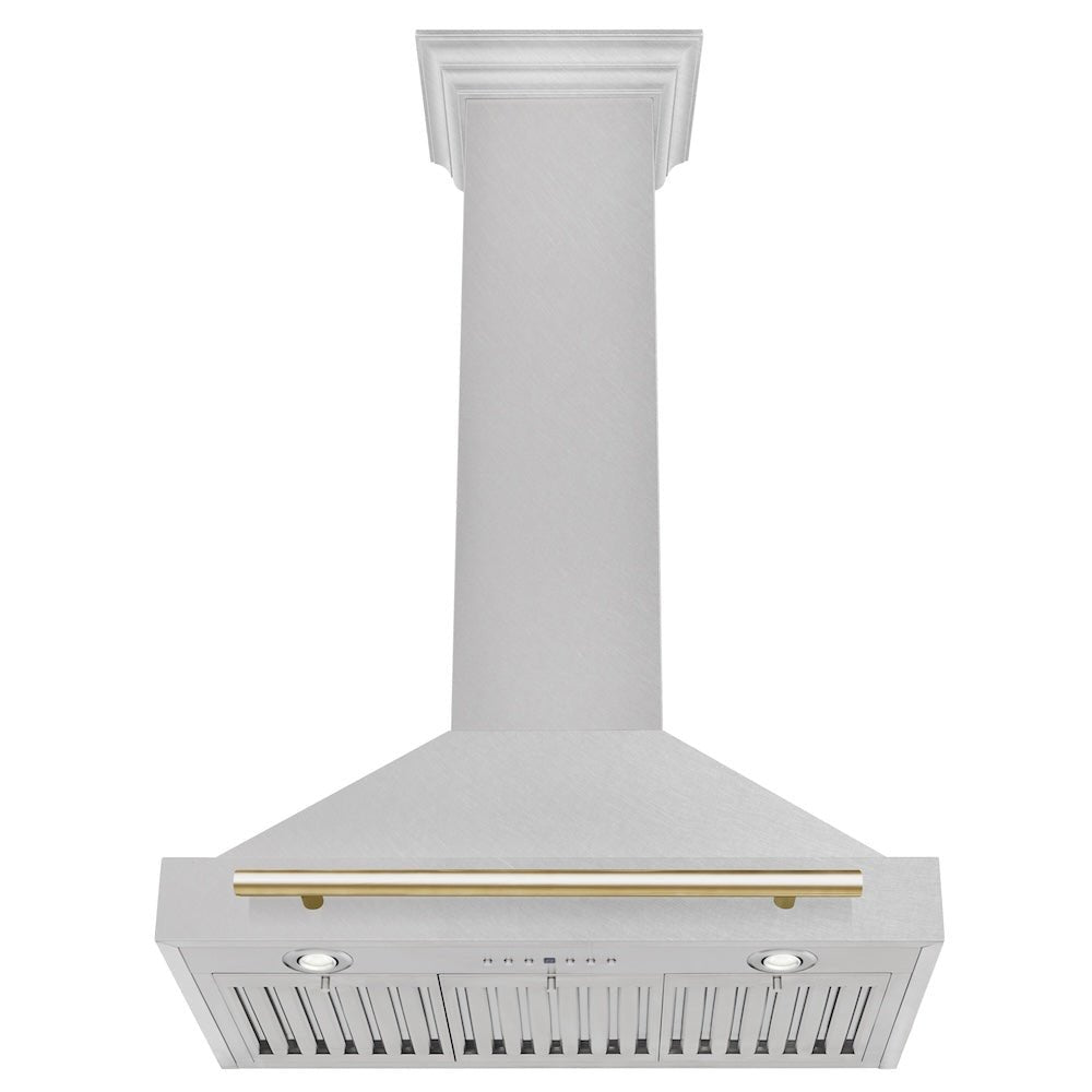 ZLINE 30 in. Autograph Edition Convertible Fingerprint Resistant Satin Stainless Steel Range Hood with Polished Gold Handle (KB4SNZ-30-G)