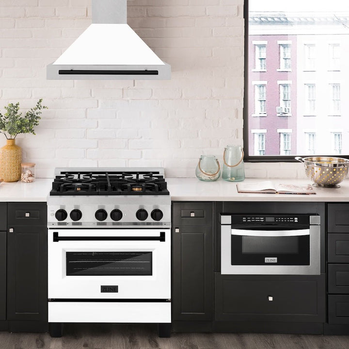 ZLINE 30 in. Autograph Edition Convertible Fingerprint Resistant Satin Stainless Steel Range Hood with White Matte Shell and Matte Black Handle (KB4SNZ-WM30-MB)