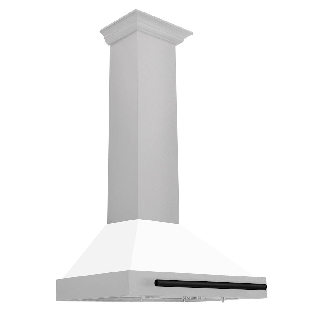 ZLINE 30 in. Autograph Edition Convertible Fingerprint Resistant Satin Stainless Steel Range Hood with White Matte Shell and Matte Black Handle (KB4SNZ-WM30-MB)