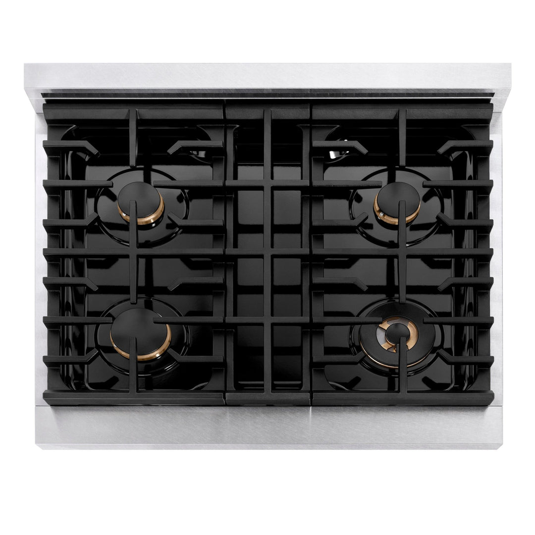 ZLINE 30 in. Autograph Edition Paramount Gas Rangetop with 4 Burners and Porcelain Cooktop in Satin Stainless Steel with Polished Gold Accents (SRTSZ-30-G)