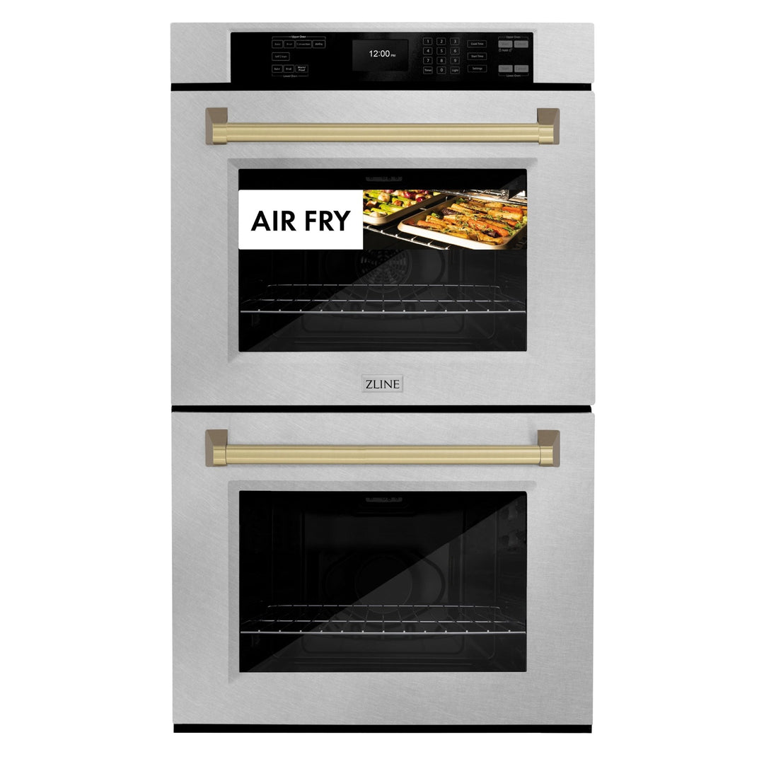 ZLINE 30 in. Autograph Edition Professional True Convection Double Wall Oven with Air Fry and Self Clean in Satin Stainless Steel with Champagne Bronze Handles (WADSZ-30-CB)