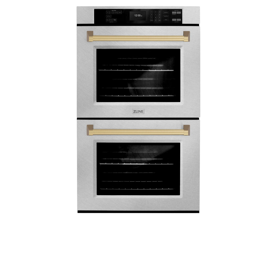 ZLINE 30 in. Autograph Edition Professional True Convection Double Wall Oven with Air Fry and Self Clean in Satin Stainless Steel with Champagne Bronze Handles (WADSZ-30-CB)
