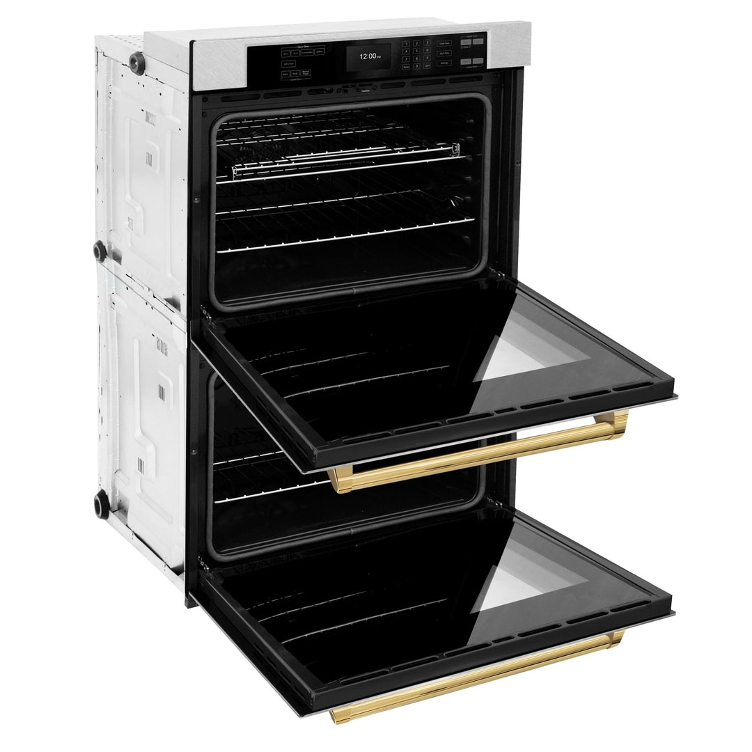 ZLINE 30 in. Autograph Edition Professional True Convection Double Wall Oven with Air Fry and Self Clean in Satin Stainless Steel with Polished Gold Handles (WADSZ-30-G)