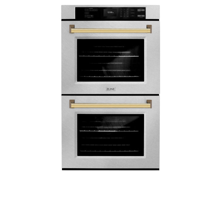 ZLINE 30 in. Autograph Edition Professional True Convection Double Wall Oven with Air Fry and Self Clean in Satin Stainless Steel with Polished Gold Handles (WADSZ-30-G)