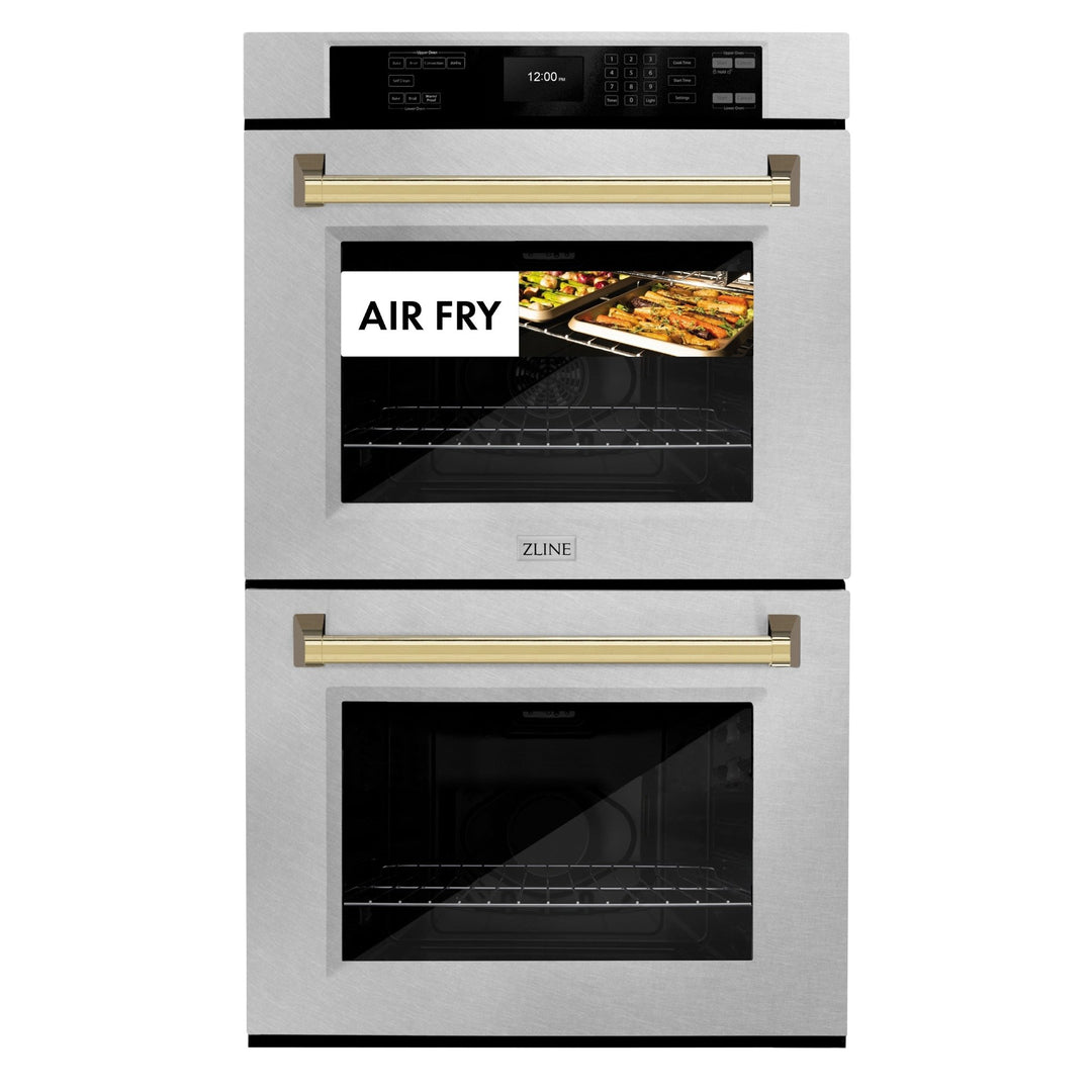 ZLINE 30 in. Autograph Edition Professional True Convection Double Wall Oven with Air Fry and Self Clean in Satin Stainless Steel with Polished Gold Handles (WADSZ-30-G)