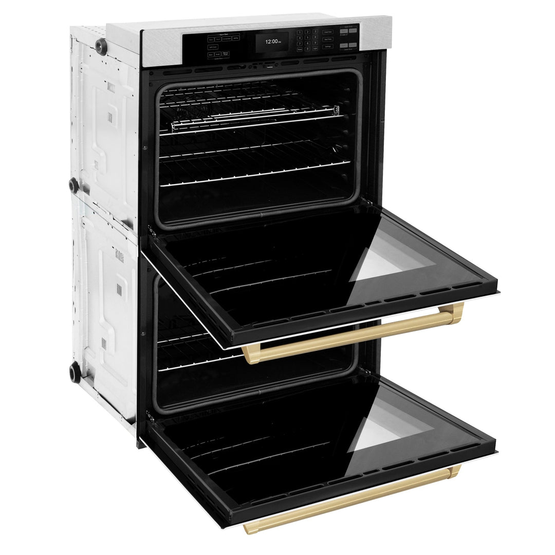 ZLINE 30 in. Autograph Edition Professional True Convection Double Wall Oven with Air Fry and Self Clean in Satin Stainless Steel with White Matte Doors and Champagne Bronze Handles (WADSZ-WM-30-CB)