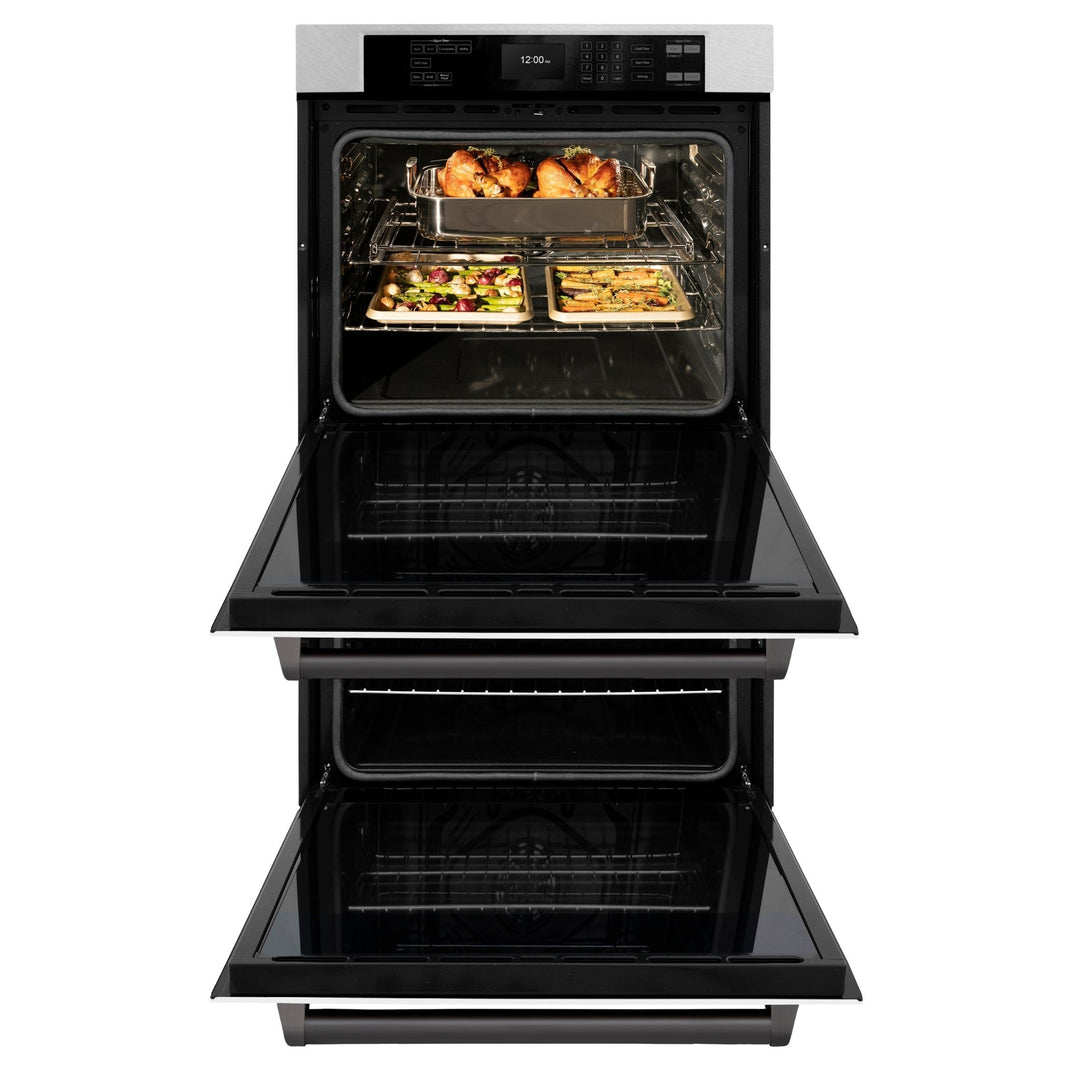 ZLINE 30 in. Autograph Edition Professional True Convection Double Wall Oven with Air Fry and Self Clean in Satin Stainless Steel with White Matte Doors and Matte Black Handles (WADSZ-WM-30-MB)