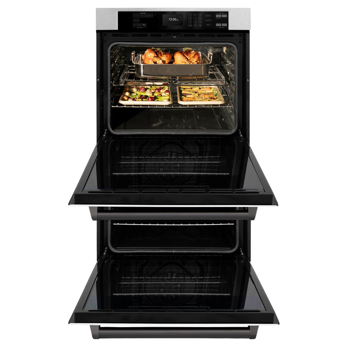 ZLINE 30 in. Autograph Edition Professional True Convection Double Wall Oven with Air Fry and Self Clean in Satin Stainless Steel with White Matte Doors and Matte Black Handles (WADSZ-WM-30-MB)