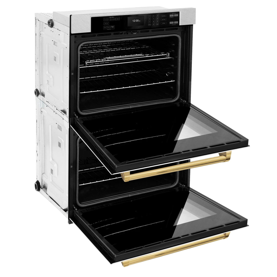 ZLINE 30 in. Autograph Edition Professional True Convection Double Wall Oven with Air Fry and Self Clean in Satin Stainless Steel with White Matte Doors and Polished Gold Handles (WADSZ-WM-30-G)