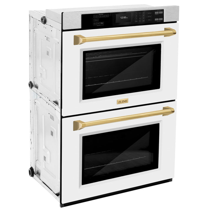 ZLINE 30 in. Autograph Edition Professional True Convection Double Wall Oven with Air Fry and Self Clean in Satin Stainless Steel with White Matte Doors and Polished Gold Handles (WADSZ-WM-30-G)