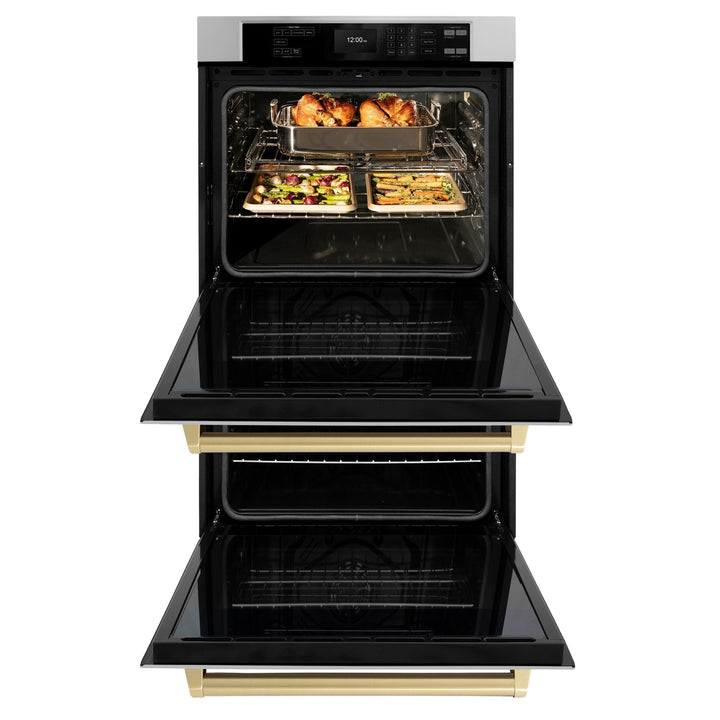 ZLINE 30 in. Autograph Edition Professional True Convection Double Wall Oven with Air Fry and Self Clean in Stainless Steel with Champagne Bronze Handles (WADZ-30-CB)