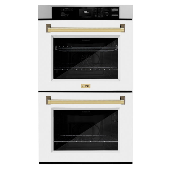 ZLINE 30 in. Autograph Edition Professional True Convection Double Wall Oven with Air Fry and Self Clean in Stainless Steel with White Matte Doors and Polished Gold Handles (WADZ-WM-30-G)