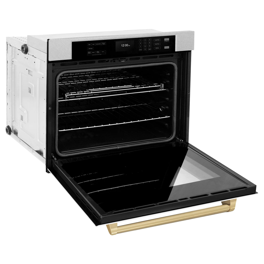 ZLINE 30 in. Autograph Edition Professional True Convection Single Wall Oven with Air Fry and Self Clean in Satin Stainless Steel with White Matte Door and Champagne Bronze Handle (WASSZ-WM-30-CB)