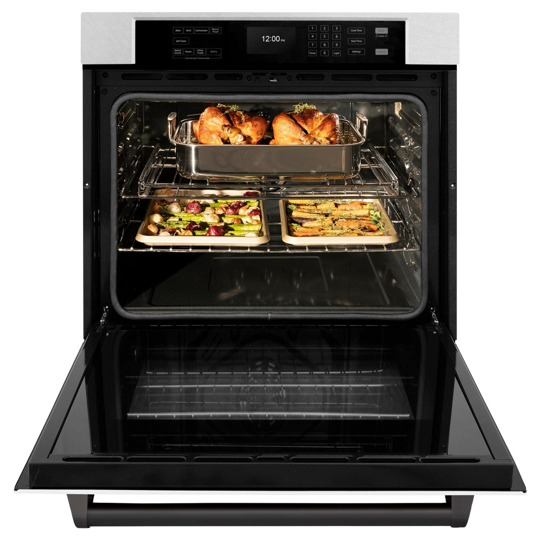 ZLINE 30 in. Autograph Edition Professional True Convection Single Wall Oven with Air Fry and Self Clean in Satin Stainless Steel with White Matte Door and Matte Black Handle (WASSZ-WM-30-MB)