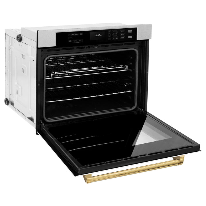 ZLINE 30 in. Autograph Edition Professional True Convection Single Wall Oven with Air Fry and Self Clean in Satin Stainless Steel with White Matte Door and Polished Gold Handle (WASSZ-WM-30-G)