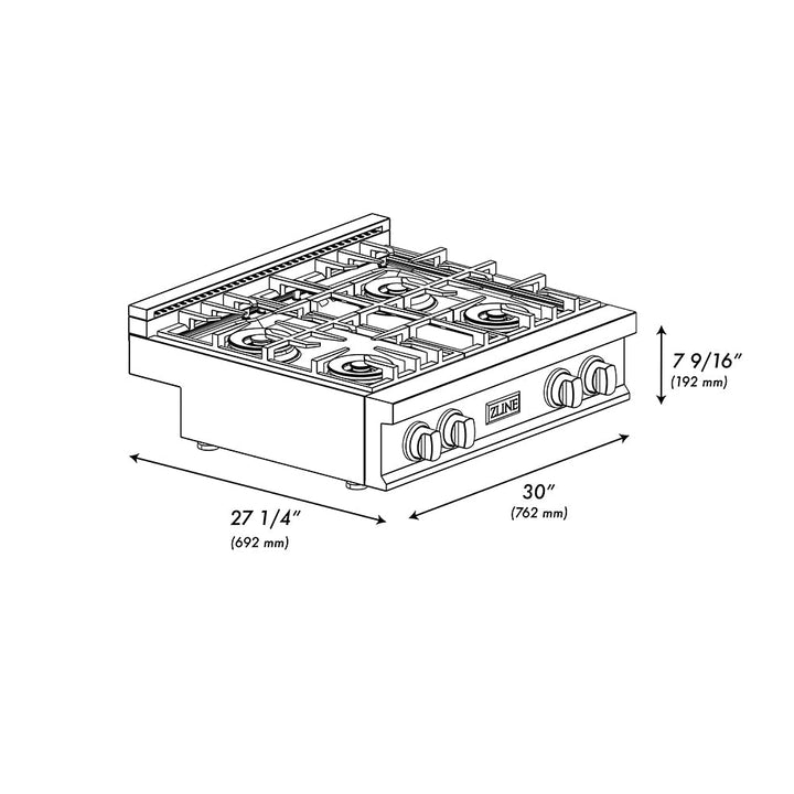 ZLINE 30 in. Classic Gas Rangetop with 4 Burner DuoProâ„¢ Cooktop in Black Stainless Steel (PCRTB-30)