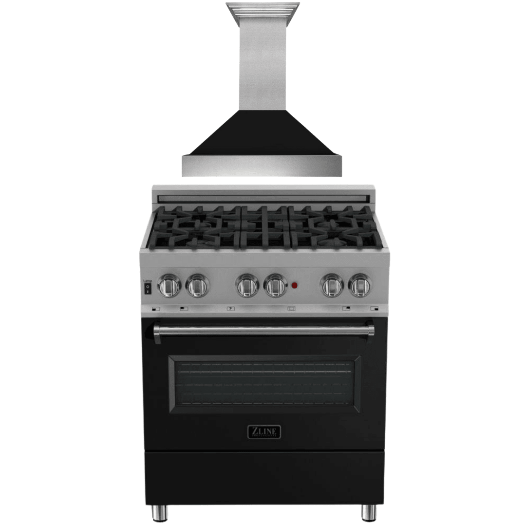ZLINE 30 in. Dual Fuel Range in DuraSnow® with Black Matte Door & 30 in. Range Hood Appliance Package, 2KP-RASBLMRH30