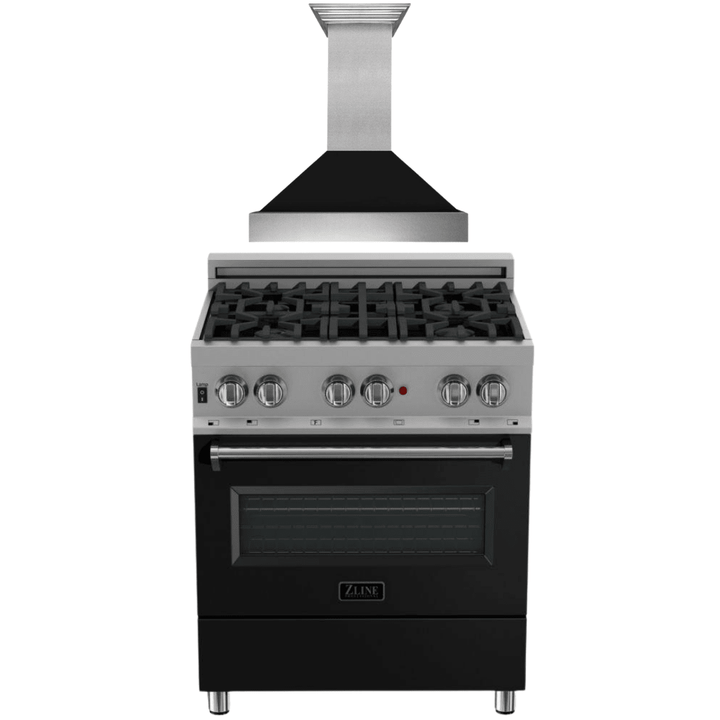 ZLINE 30 in. Dual Fuel Range in DuraSnow® with Black Matte Door & 30 in. Range Hood Appliance Package, 2KP-RASBLMRH30