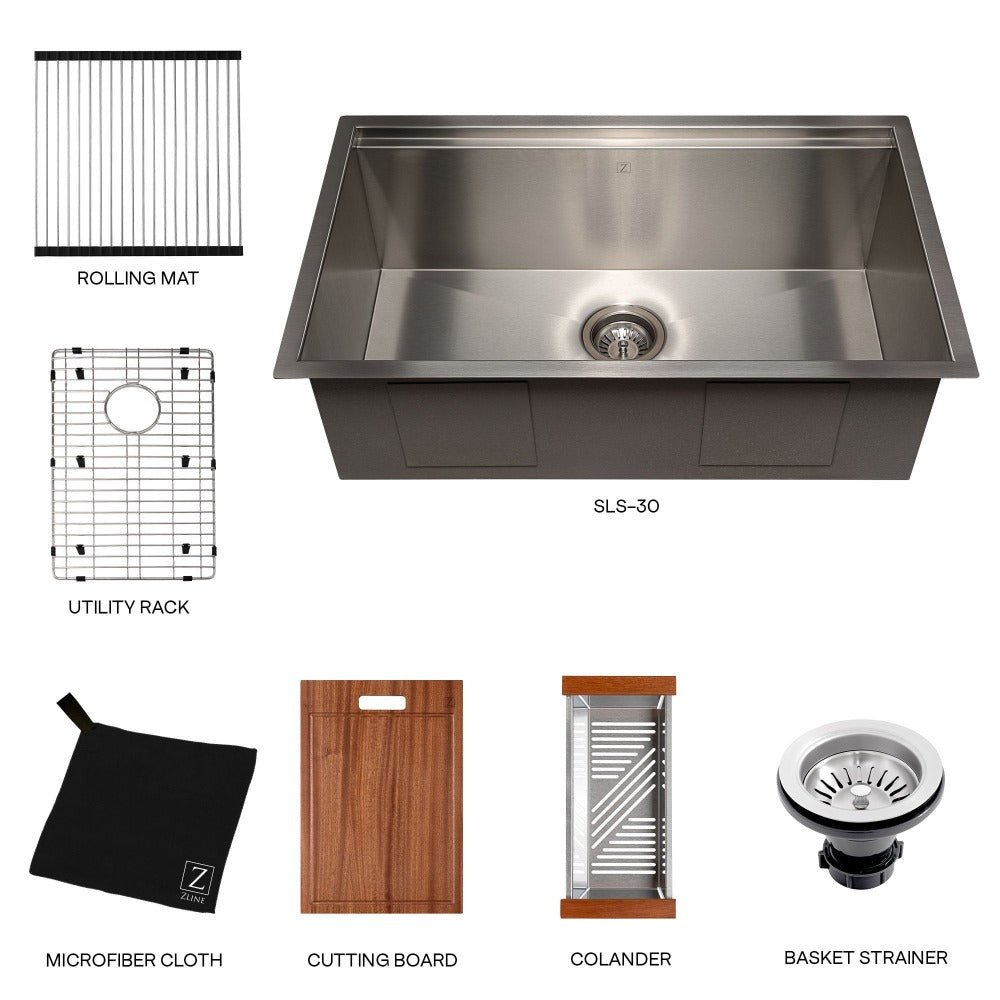 ZLINE 30 in. Garmisch Undermount Single Bowl Satin Stainless Steel Kitchen Sink with Bottom Grid and Accessories (SLS-30S)