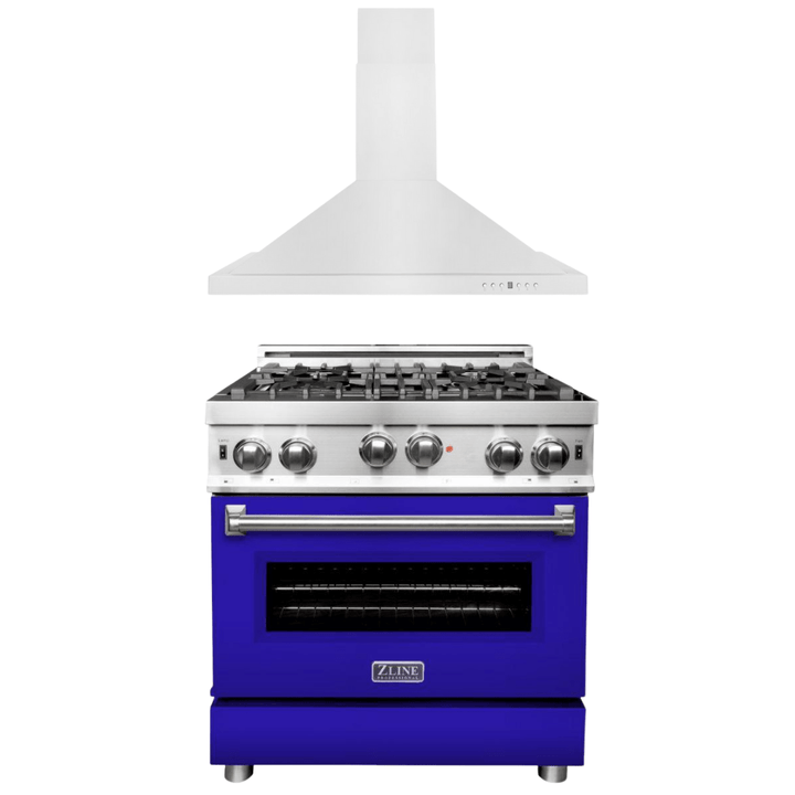 ZLINE 30 in. Gas Range with Blue Matte Door & 30 in. Range Hood Appliance Package, 2KP-RGBMRH30