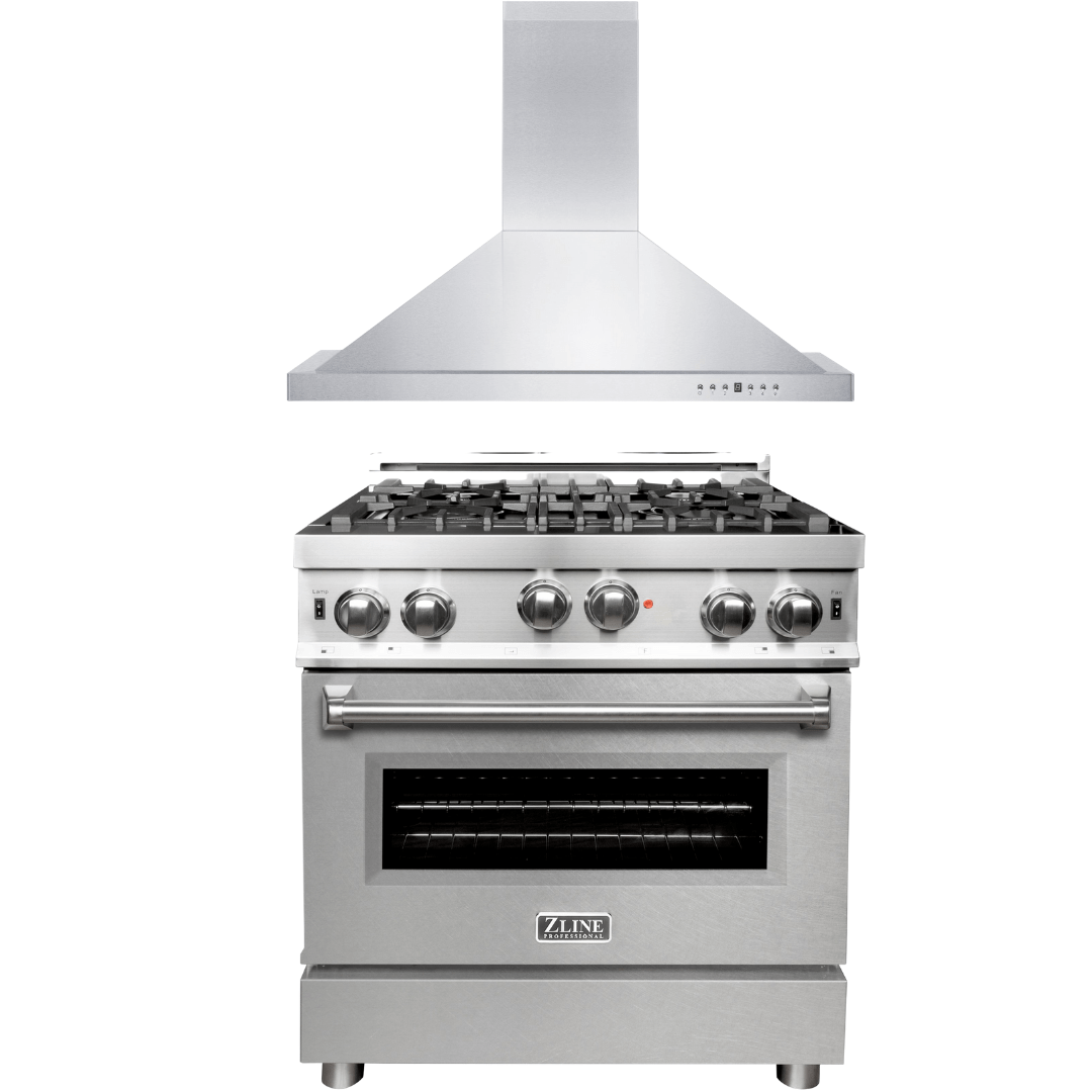 ZLINE 30 in. Gas Range with DuraSnow®Door & 30 in. Range Hood Appliance Package, 2KP-RGSNRH30