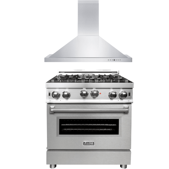 ZLINE 30 in. Gas Range with DuraSnow®Door & 30 in. Range Hood Appliance Package, 2KP-RGSNRH30