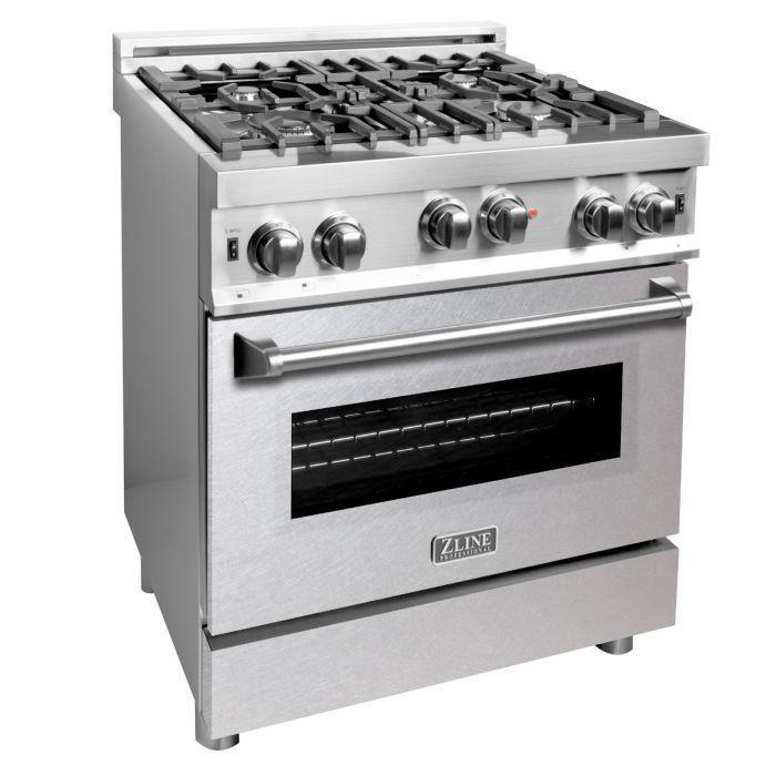 ZLINE 30 in. Gas Range with DuraSnow®Door & 30 in. Range Hood Appliance Package, 2KP-RGSNRH30